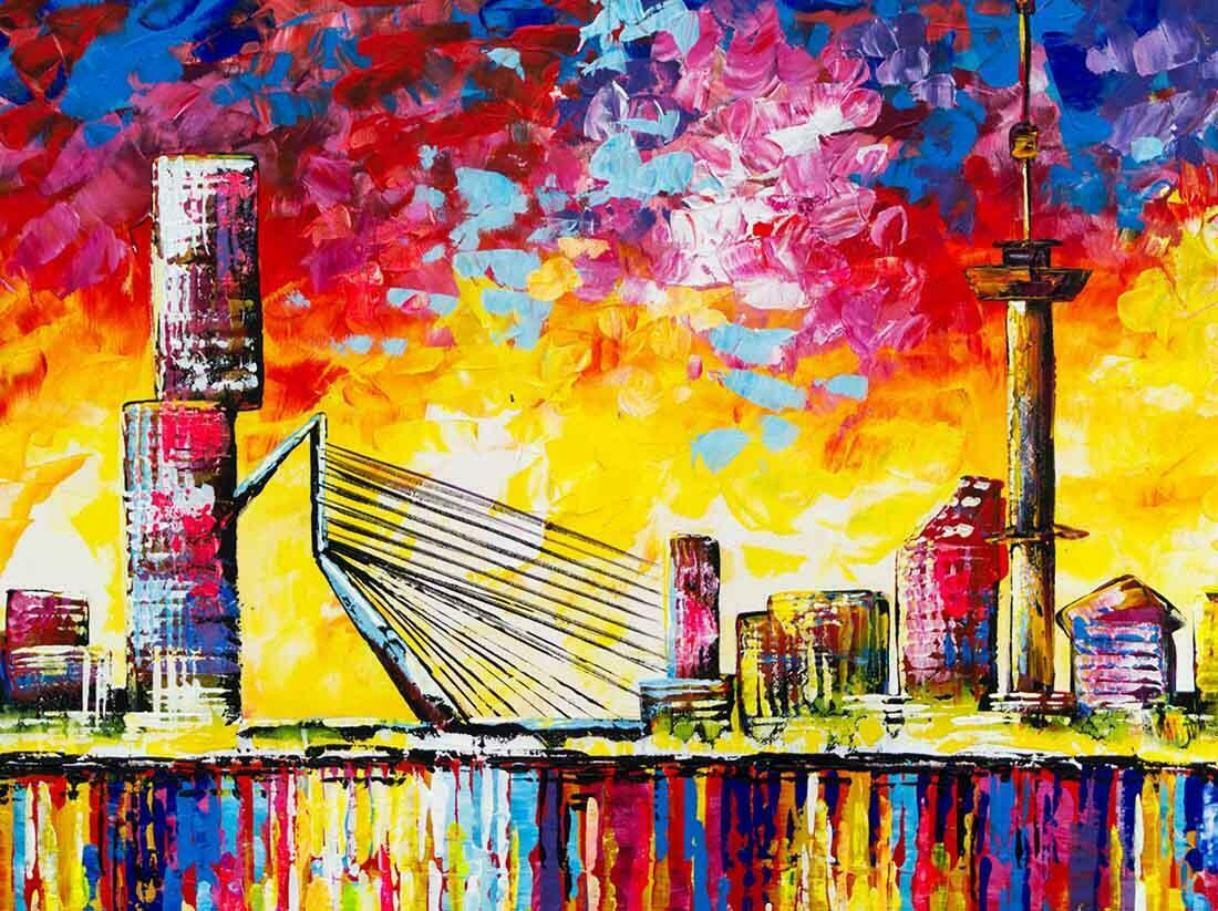 Skyline schilderij kleurrijk Rotterdam - Uitvergroting